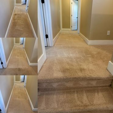 Before and after images of a hallway carpet cleaning.