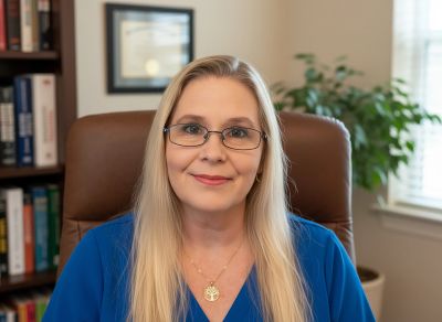 Woman in glasses sitting in an office chair.