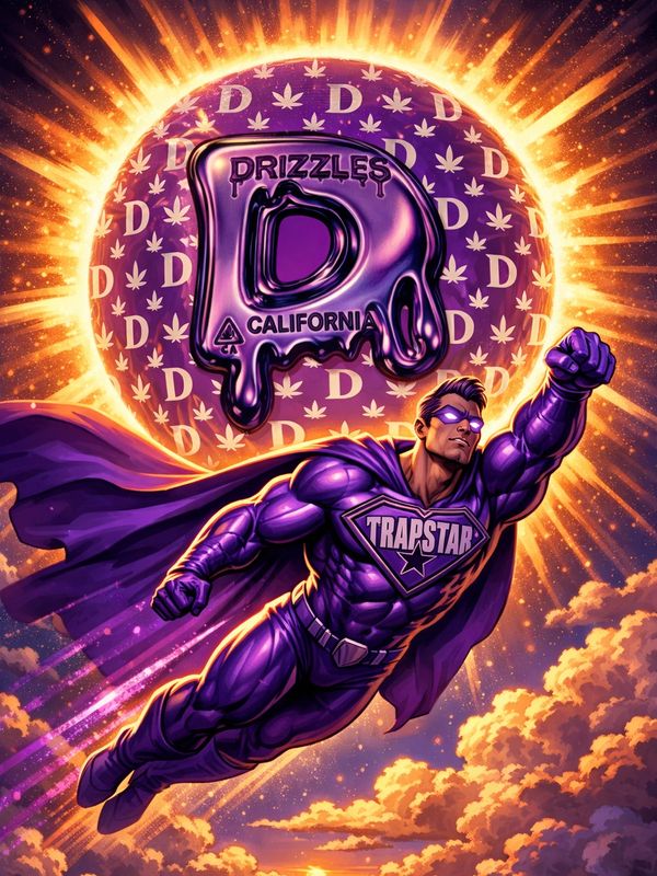 A purple superhero with TRAPSTAR logo flies in front of a glowing sun with Drizzles branding.
