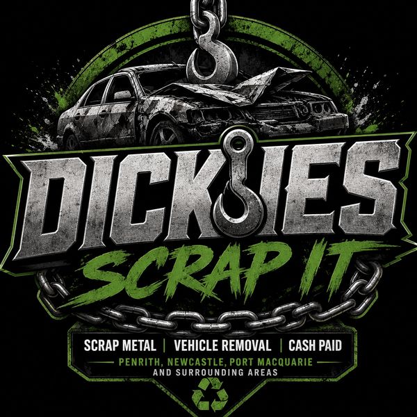 Logo for Dickies Scrap It with a wrecked car and chains.