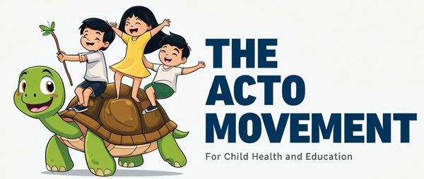 Children riding a happy turtle, symbolizing The Acto Movement for child health and education.