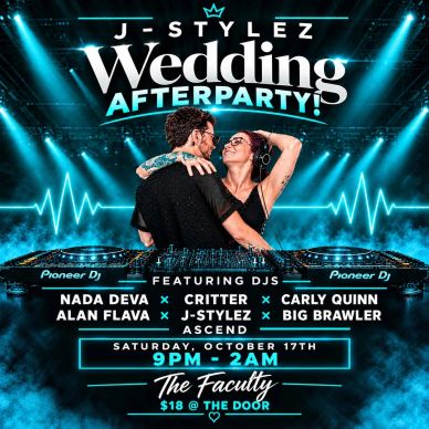 Wedding afterparty flyer featuring DJs and event details.