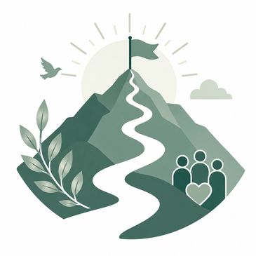 A winding path leads to a mountain peak with a flag, symbolizing achievement and community.
