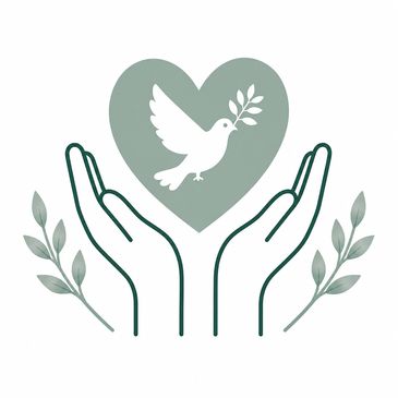 Hands holding a heart with a dove carrying an olive branch, symbolizing peace.