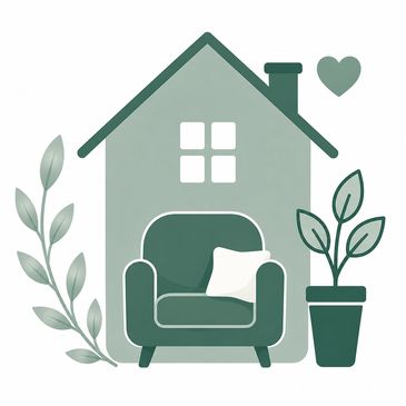 Cozy home with armchair, plants, and heart symbol.