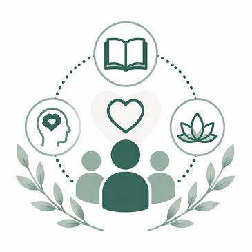 People connected by love, mindfulness, and knowledge in a harmonious circle.