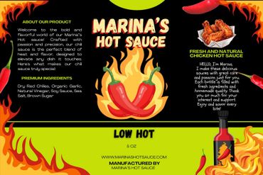 Marina's Hot Sauce label featuring bold flames, red chili peppers, and product details with a fiery theme.