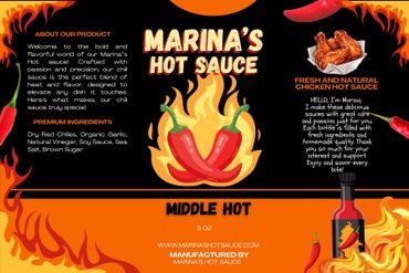 Marina's Hot Sauce label featuring bold flames, chili peppers, and product details.