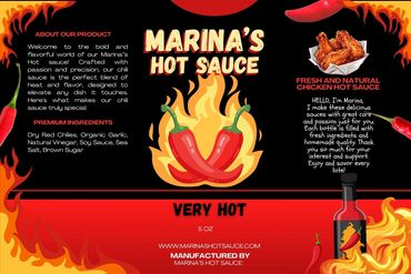 Marina's Hot Sauce label featuring fiery chili peppers and premium ingredients for a very hot flavor.