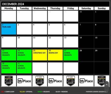 Panthers Juniors 2024 December Calendar and Key Dates