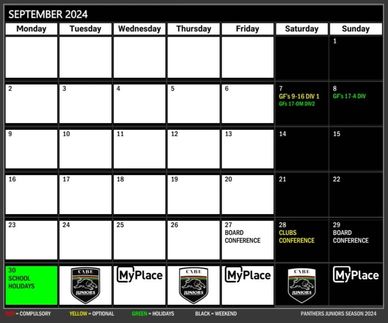 Panthers Juniors 2024 September Calendar and Key Dates