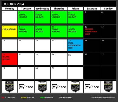 Panthers Juniors 2024 October Calendar and Key Dates