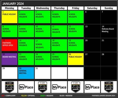 Panthers Juniors 2024 January Calendar and Key Dates