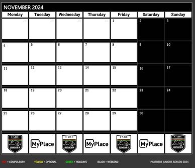 Panthers Juniors 2024 November Calendar and Key Dates