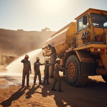 Workers in helmets operating a large water truck at a dusty construction site.
