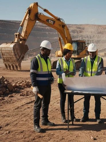 Group of construction workers reviewing plans at a mining site with heavy machinery.