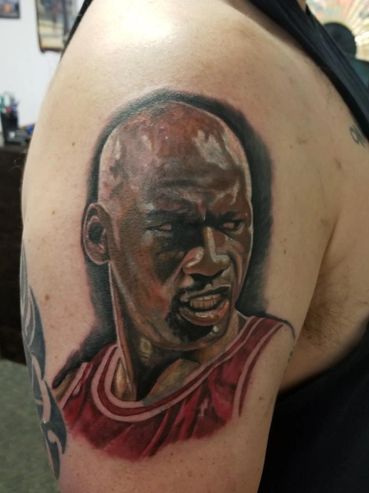 Coverup tattoo. Portrait of Michael Jordan by Wojo