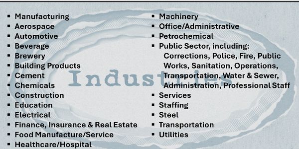 List of various industries and sectors including manufacturing, aerospace, healthcare, and public services.