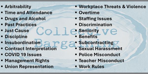 List of common collective bargaining issues covering workplace rules, discipline, benefits, and misconduct.
