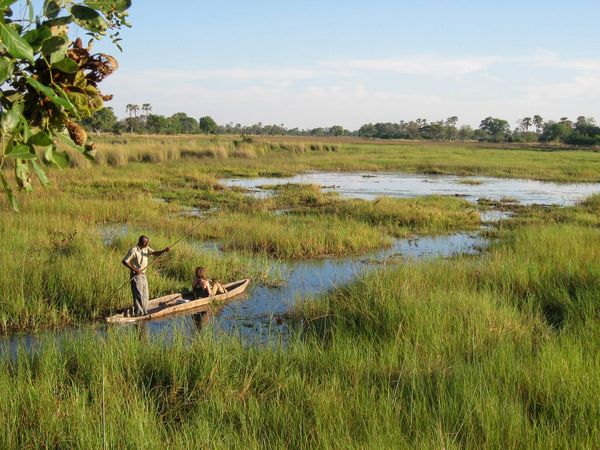 Woman with guide riding in a mokoro canoe in Botswana's Okavango Delta. On safari from Delta Camp.
