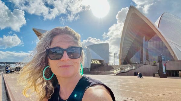 Selfie in front of the Sydney Opera House on holiday in Sydney, Australia