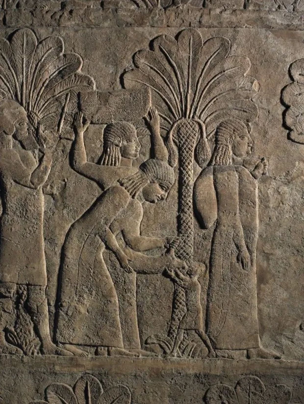 Ancient stone relief depicting people interacting with a palm tree.