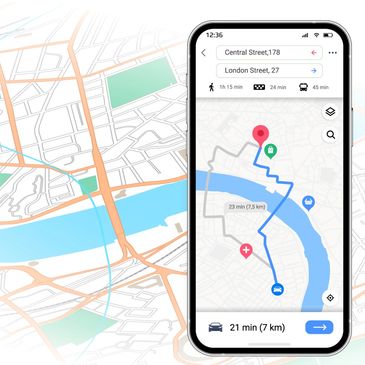Smartphone showing a navigation map with route details between two locations.