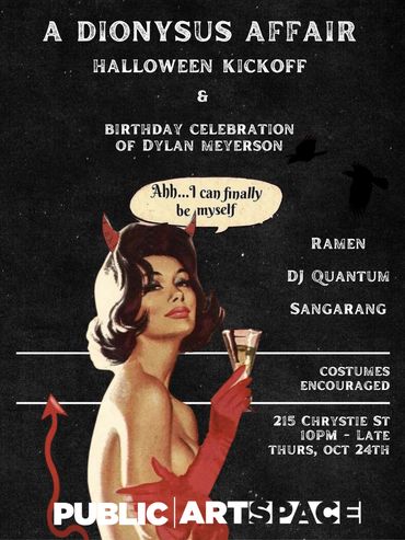 Halloween kickoff and birthday party with devil-themed art and live music at Public Art Space.