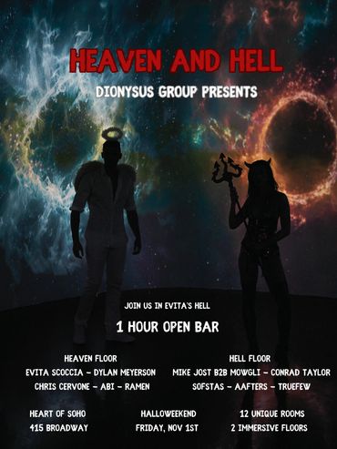 Heaven and Hell party poster with angel and devil silhouettes and event details.