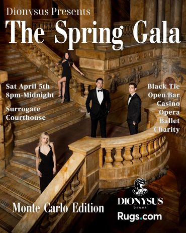 Elegant Spring Gala invitation with formal attire and Monte Carlo theme in a grand marble staircase setting.