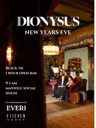 Elegant New Year's Eve party invitation with guests in formal attire at a stylish venue.