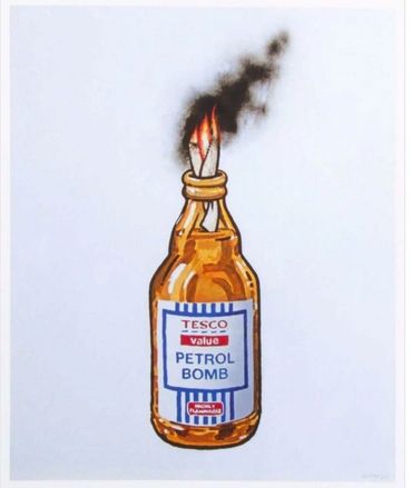 Illustration of a Tesco-branded petrol bomb with a lit fuse.