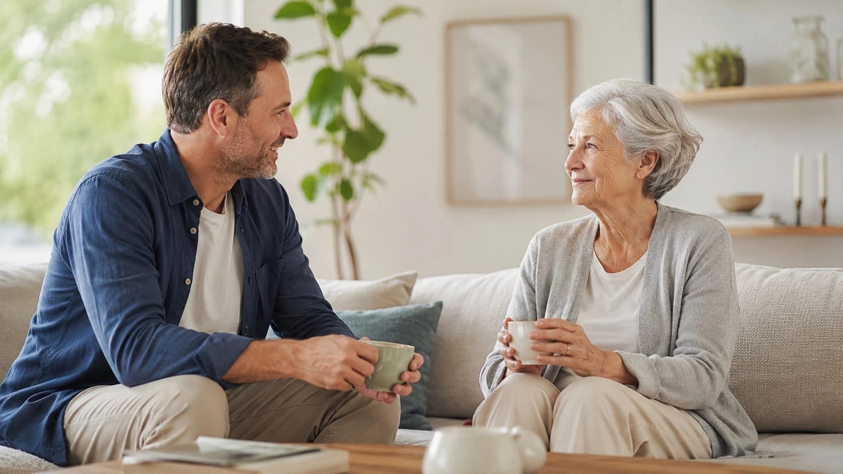 Adult son talking with his older mother at home over tea