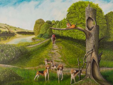 oil painting of a fox hiding from dogs on a fox hunt