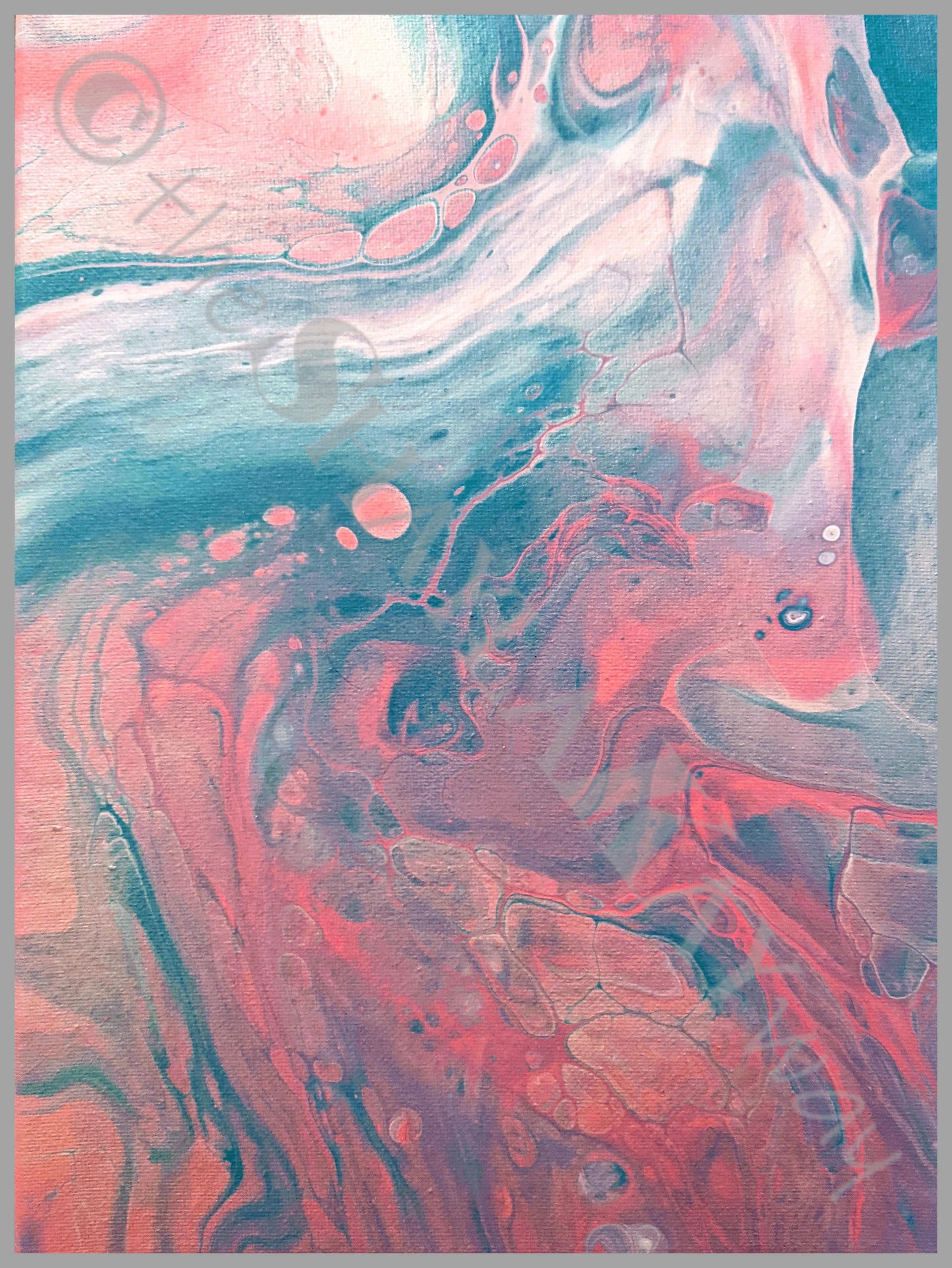 9" x 12" blowtorched pearlescent pink and blue paint pour on stretched canvas