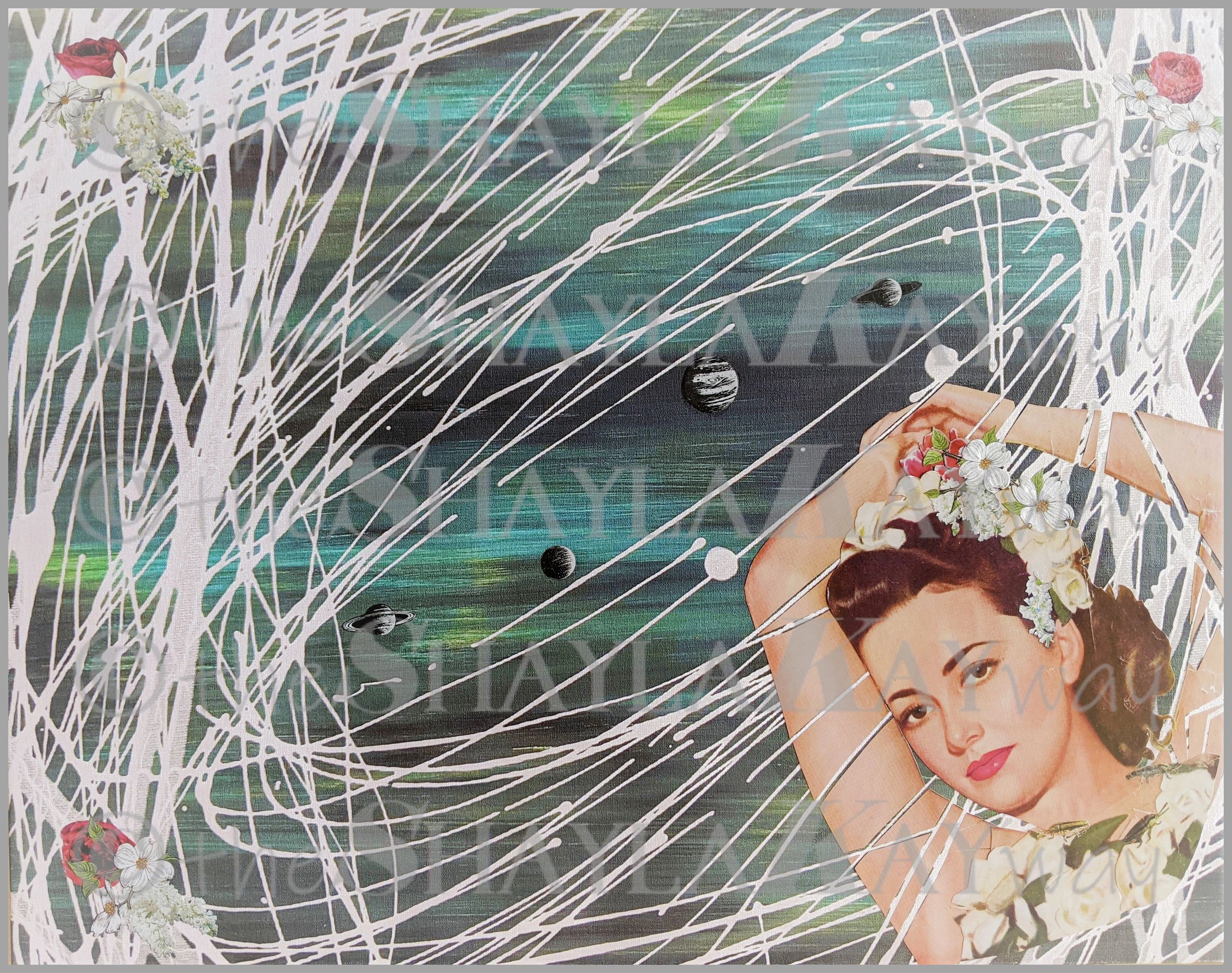 16" x 20" box canvas with black backing  with original paper collage overlay