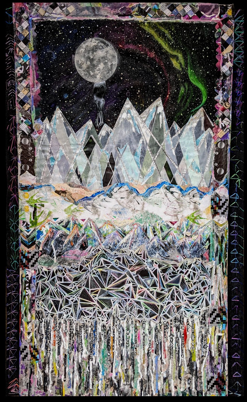 25" x 40" northern lights paper braids  skeleton embrace embroidered paint drip collage
