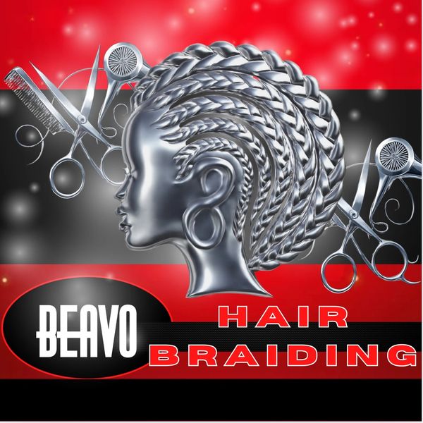 Silver braided hair design with scissors and comb on red-black background.