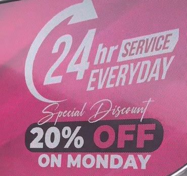 24-hour service with 20% discount on Monday.