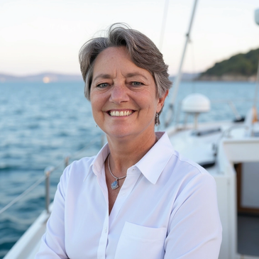 Trish Bender, standing on the deck of a boat on the ocean.
