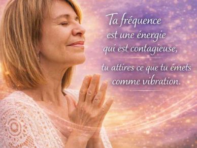 Femme méditant avec citation inspirante sur l'énergie et les vibrations.