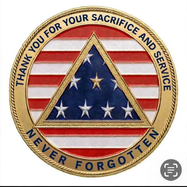 Emblem honoring service and sacrifice with American flag and thank you message.