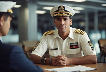 A naval officer in uniform attentively listening during a meeting.