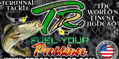 Advertisement for Texas Rattler fishing tackle, featuring a fish and brand logo.