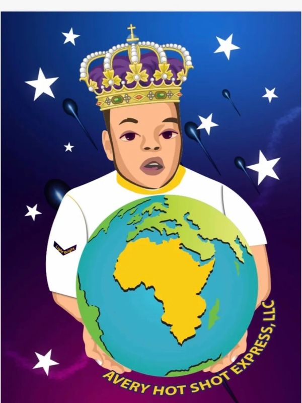 Cartoon of a crowned figure holding a globe with Africa, titled Avery Hot Shot Express.
