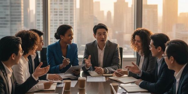 Business meeting with diverse colleagues discussing ideas.