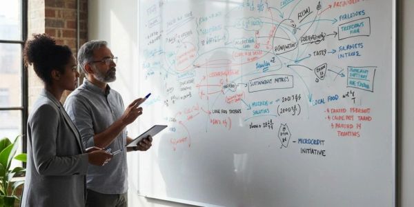 Two colleagues discussing notes on a whiteboard during a meeting.