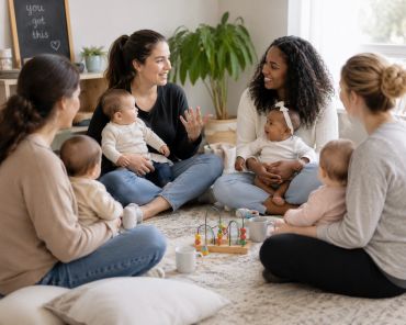 Mothers sitting in a circle, chatting and holding their babies indoors.