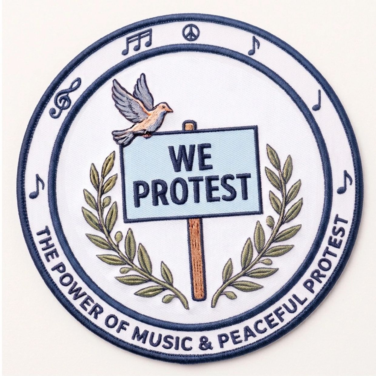 Patch with a sign reading 'We Protest' and peace symbols.