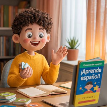 Child learning Spanish online with flashcards and a book.